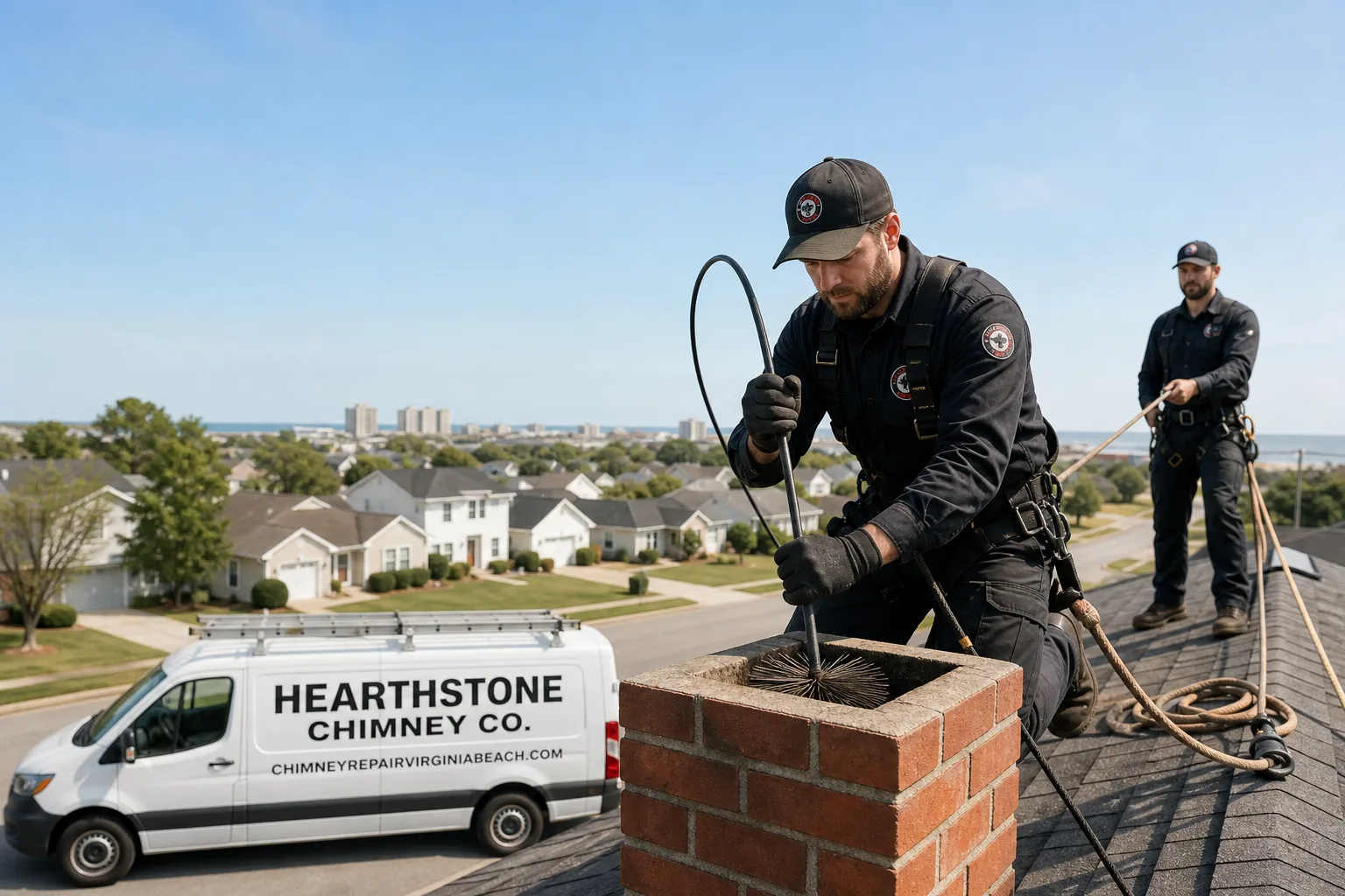 Hearthstone Chimney Co. chimney cleaning service vehicle and crew in Virginia Beach, VA
